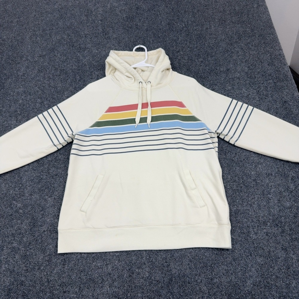 LL Bean Hoodie Women M Cream Cotton Blend Rainbow Striped Pullover Retro Style